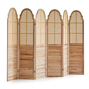 6 Panel Rattan Folding Screen Room Divider, Privacy Dividers for Rooms, Louvered Partition Dividers, Room Divider Panel for Bedroom, Dressing Room, Balcony, Light Brown