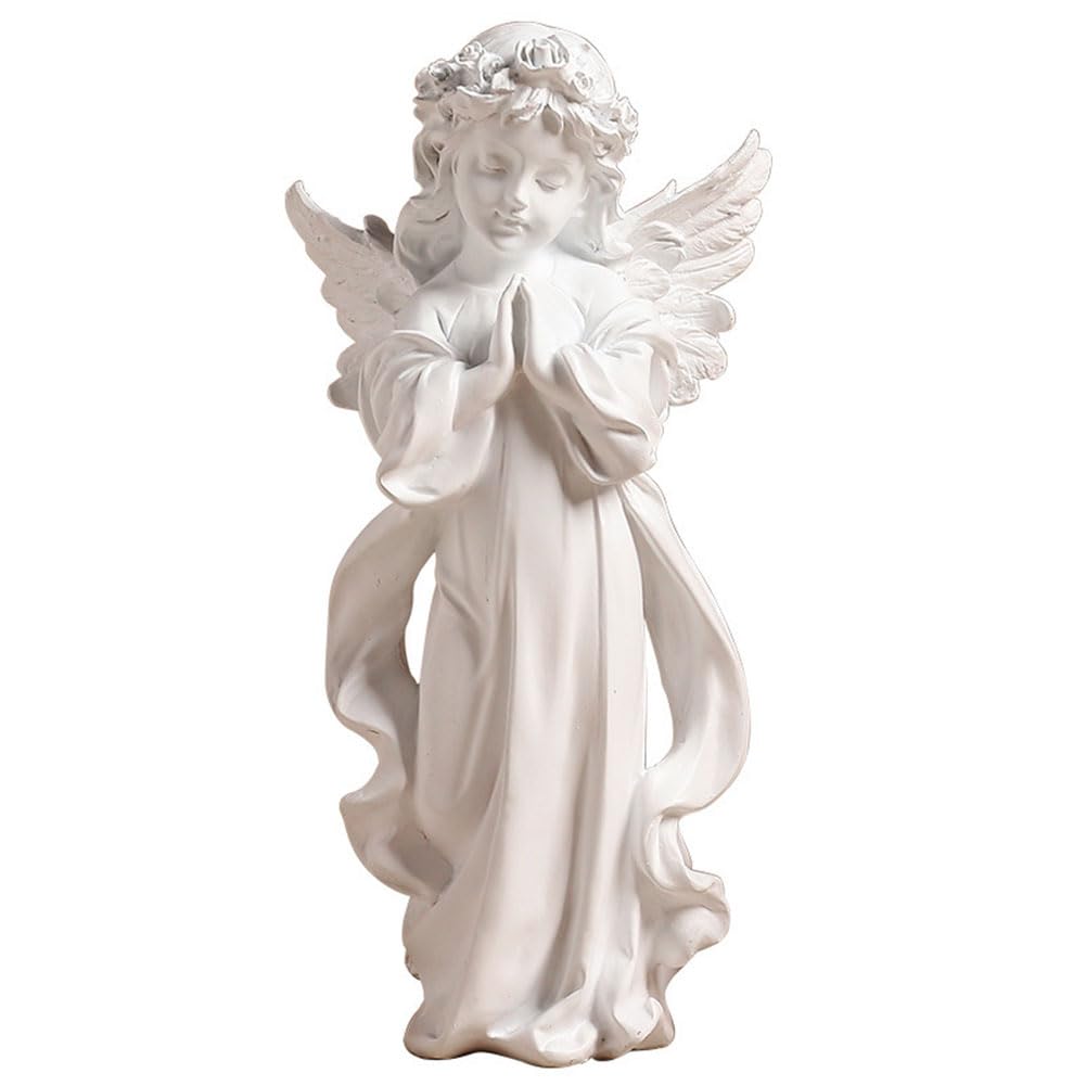 Figura de ángel rezando de resina, escultura tallada de oración, decoración del hogar (S)