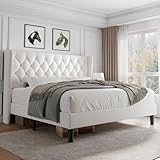 iPormis King Size Velvet Platform Bed Frame with Button Tufted Headboard, Upholstered Bed Frame with Solid Wooden Slats, 8' Underbed Space, No Box Spring Needed, Noise Free, Easy Assembly, White