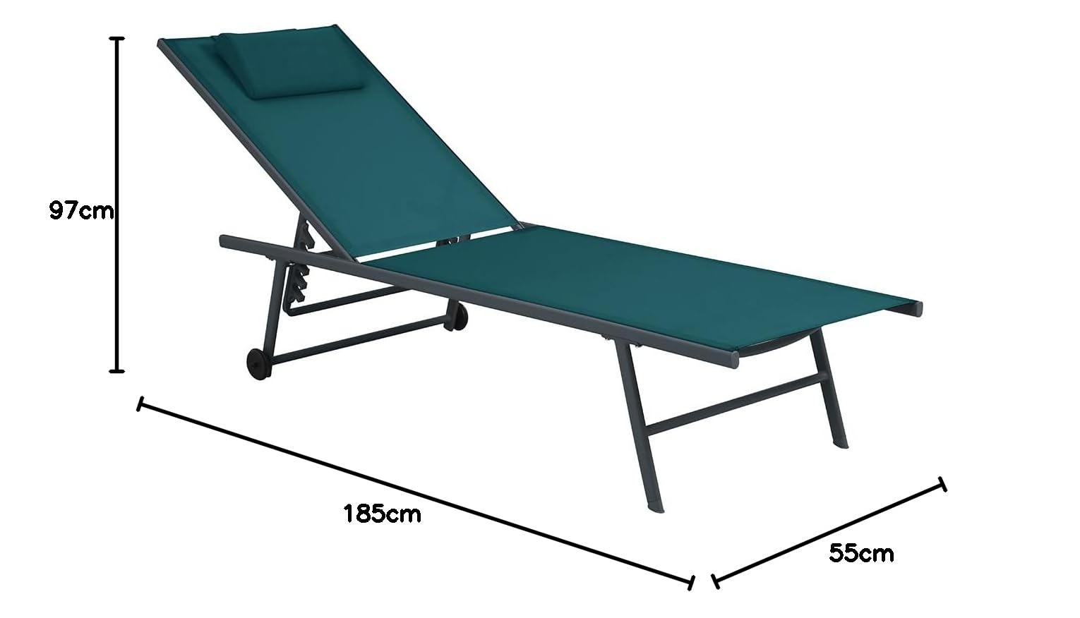 Acomoda Textil – Tumbona de Jardín Plegable y Reclinable en 5 Posiciones con Ruedas. Hamaca con Cojín Cómoda y Resistente para Terraza, Camping y Patio 185x55x32/97 cm. (Esmeralda, 1 Ud)
