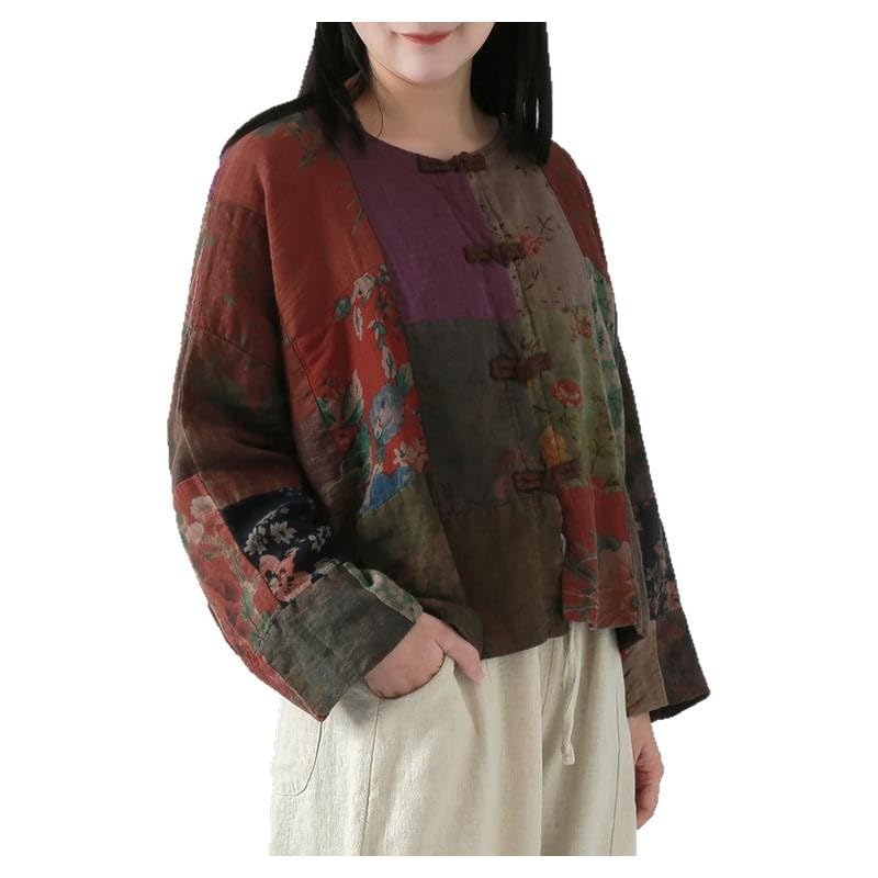 Cotton Linen Blend Spring Patchwork Short Jacket for Women - Lightweight Casual Outerwear