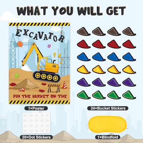 Image of WERNNSAI Pin The Bucket on The Excavator Party Games - Construction Party Supplies Truck Birthday Construction Party Games with 24 Pcs Stickers for Birthday Activities