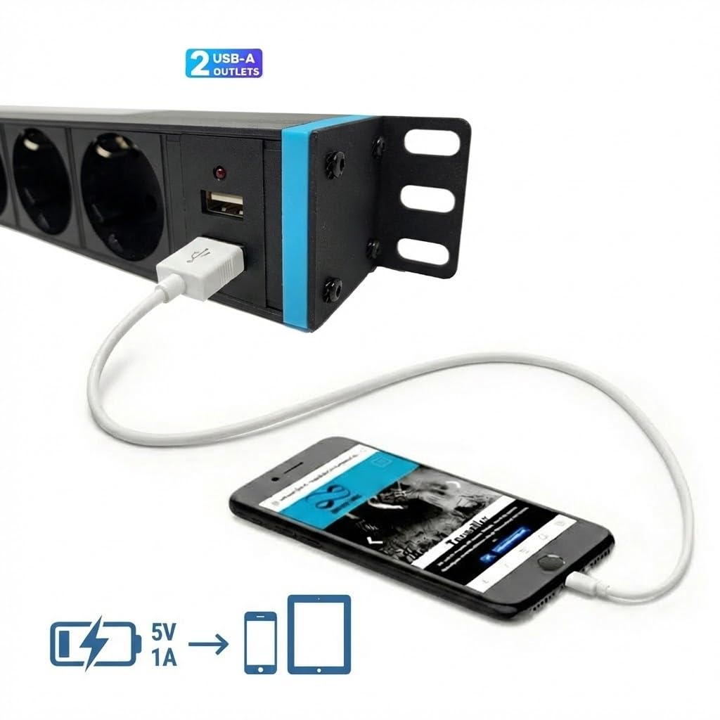 Infitronic - INSV1002A-19 pollici PDU Ciabatta elettrica Distributore di corrente Lampada da rack 8 x 1U con 2 x USB Charging/Interruttore
