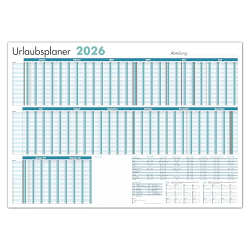 PRIMUS PRINT - Mitarbeiter Urlaubsplaner - Wandkalender 2026 - Monatskalender - A1-594x841mm - bis zu 20 Mitarbeiter - Urlaubskalender - inklusive Feiertagen - diverse Ausführungen [1x Gefalzt Blau]