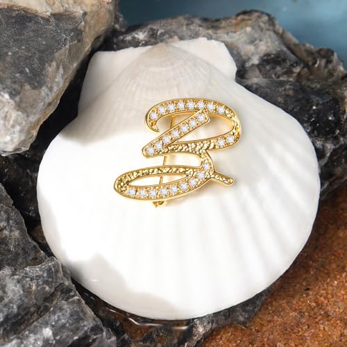 Image of Cicy Bell A-Z Initial 26 Letter Brooch Pins 18k Gold Plated Cubic Zirconia Breastpin Name Personalized Gifts for Women Men