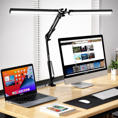 Image of BROLAVIYA Overhead Double Head Led Desk Lamp Light with Metal arm Stand,3 Lighting Modes, Dimmable, with 12V /2A 24W Power with Adaptor for Home Office,Desktop, Bedroom, Reading, Study lamp etc