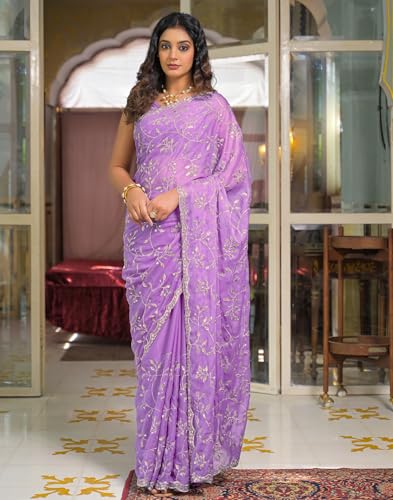 Image of SIRIL Women's Georgette Embroidery Saree With Unstitched Blouse
