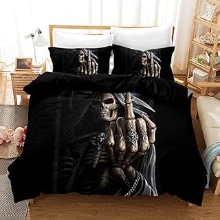 Skull Bedding Duvet Cover Set Soft Microfiber Gothic Bedding Set Skull Pattern Quilt Cover Set with Zipper Closure and 2 Pillow Shams for Kids Adults (135x200cm, Blue)