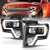 AmeriLite for 2009-2014 Ford F150 Truck LED Bar Square Projector Halogen Black Headlights Set High/Low Beam Bulb Included - Driver and Passenger Side