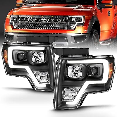 AmeriLite for 2009-2014 Ford F150 Truck LED Bar Square Projector Halogen Black Headlights Set High/Low Beam Bulb Included - Driver and Passenger Side