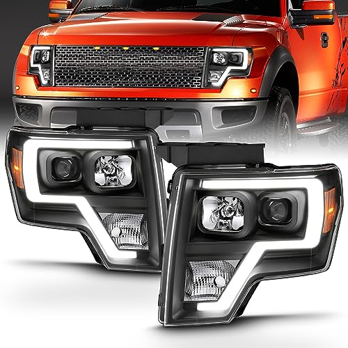 AmeriLite for 2009-2014 Ford F150 Truck LED Bar Square Projector Halogen Black Headlights Set High/Low Beam Bulb Included - Driver and Passenger Side