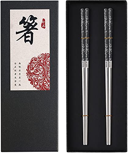 Premium Titanium Plated Stainless Steel Chopsticks - Dishwasher Safe, Non-Slip, Laser Engraved - 2 Pairs Gift Set (Black, Silver)