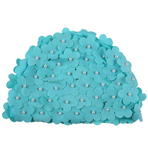 Moresave - Sombrero de natación artificial para mujer con perlas y pétalos, Mujer, azul claro