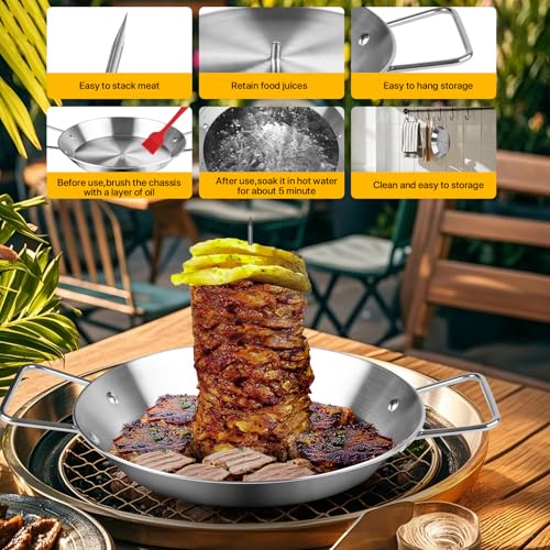 Vertical Skewer for Grill & Oven - Stainless Steel Al Pastor Skewer with Gyro Pan, 5 Adjustable Spikes (6"-14") - Shawarma Meat Stand for Tacos, Chicken Gyro, Doner Kebab - Fits Ovens, Smokers.