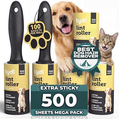 Tydi Pet Lint Rollers - 500 Sheets of Lint Roller Refills & 2 Handles - 100 Sheets per Sticky Clothes Roller - Lint Rollers for Pet Hair - Reusable Lint Roller for Clothes - Fluff Remover for Clothes