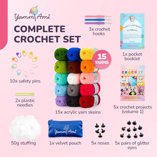 Image of YammiAmi 2,550 Yards Beginner Crochet Kit for Adults - 15 Large Single Color Yarn Skeins - 49 Pc Amigurumi Crochet Kit for Starters - Learn to Crochet with Instruction Book - Accessories Set