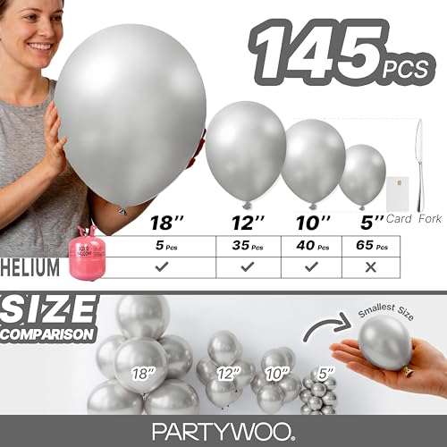 Image of PartyWoo Silver Balloons 145 pcs Different Sizes of 18 12 10 5 Inch Silver Balloon Arch Kit Garland for Birthday Graduation Bachelorette Engagement Bridal Shower Wedding Party Decorations Silver-G102