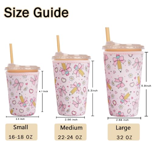 Image of Reusable Insulated Sleeve for Iced Coffee Cup, Coffee Neoprene Sleeve for Cold & Hot Drinks, Beverage Holder for Iced Coffee (Pencil Bows, Large: 32oz)