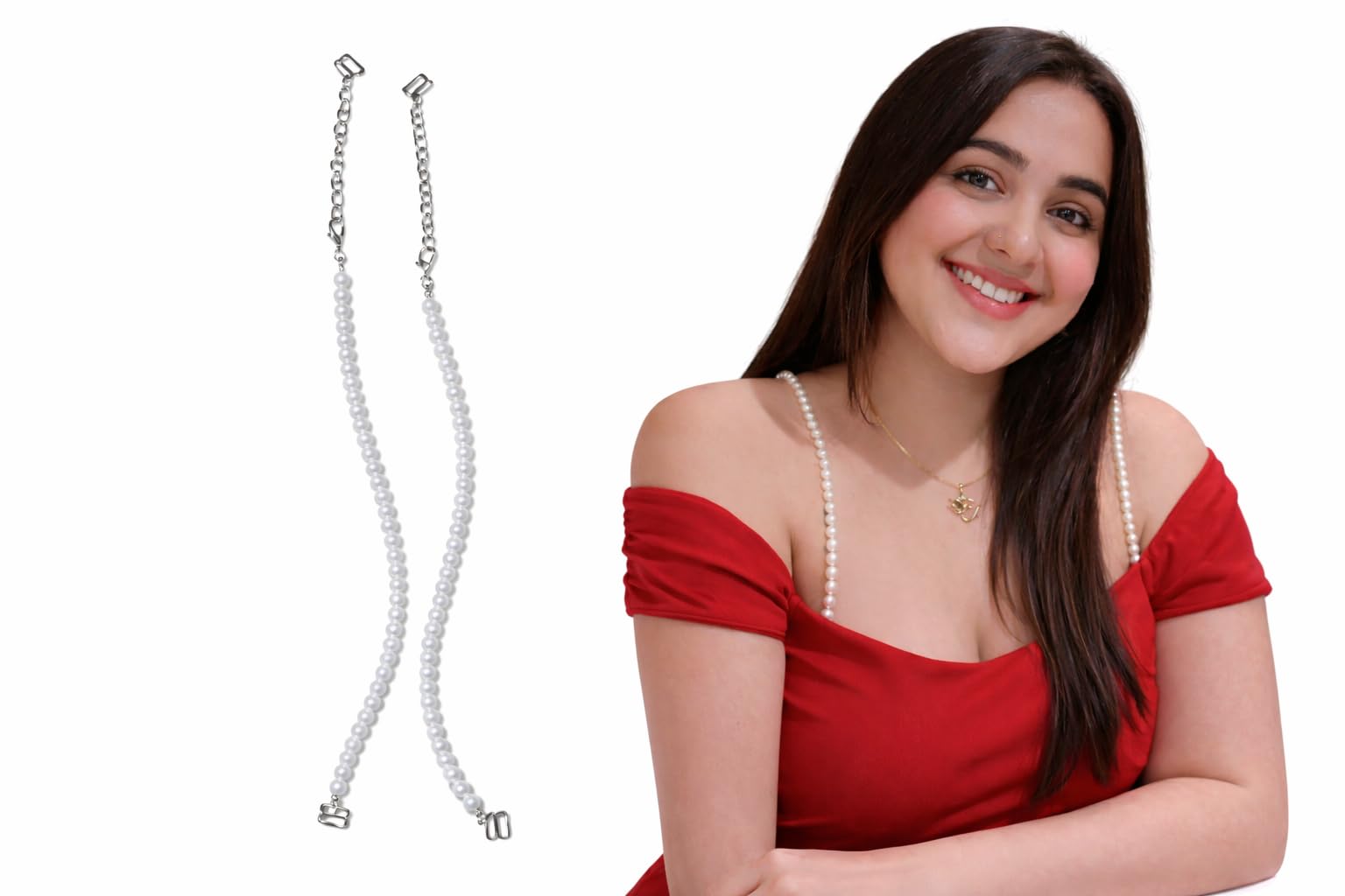 Fancy Pearl Bra Straps for Women – Beaded Designer Detachable Shoulder Chain | Adjustable Decorative Bra Strap | Pearl Blouse Strap for Saree, Gown & Party Wear (Pearl 6mm, 1 Pair)