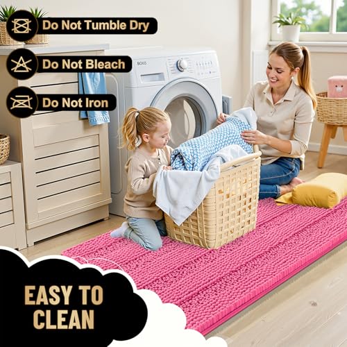 Image of OLANLY Thick Bathroom Runner Rugs 44x24, Extra Absorbent Chenille Striped Bath Rugs, Rubber Backing, Machine Wash Dry, Long Bath Mats for Bathroom, Tub and Shower, Home Decor Accessories, Hot Pink