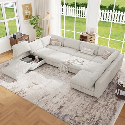 Image of 157 inch Modular Sectional Chenille Sofa bed with Hidden Storage, Comfy Modern 10 Seater Oversized Deep Seat Couch, Modular Sectional with Ottoman and Removable Cover for Living Room, Apartment, Beige