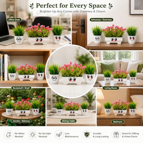 Image of Artificial Plants With Cute Smiley Face Pots Set Of 3 , Faux Green Grass & Pink Flower Pot , Decorative Mini Potted Plants For Home Decor, Office Desk, Living Room, Bedroom, Balcony & Study Table