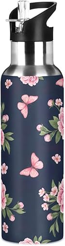 Insulated Water Bottle 32 Oz, BPA-Free Sports Water Bottle with Straw for Gym Outdoor Travel School, Pink Peonies