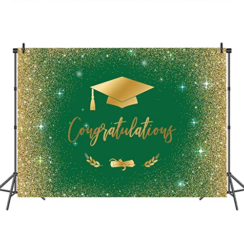 Mocsicka Congratulate Graduation Backdrop Class Of 2023 Golden Glitter Bokeh Spots Photography Background Vinyl Graduation Cap Design Gold Dots Decorations Photo Studio Booth Props (Green Gold, 7X5Ft) #TOP2
