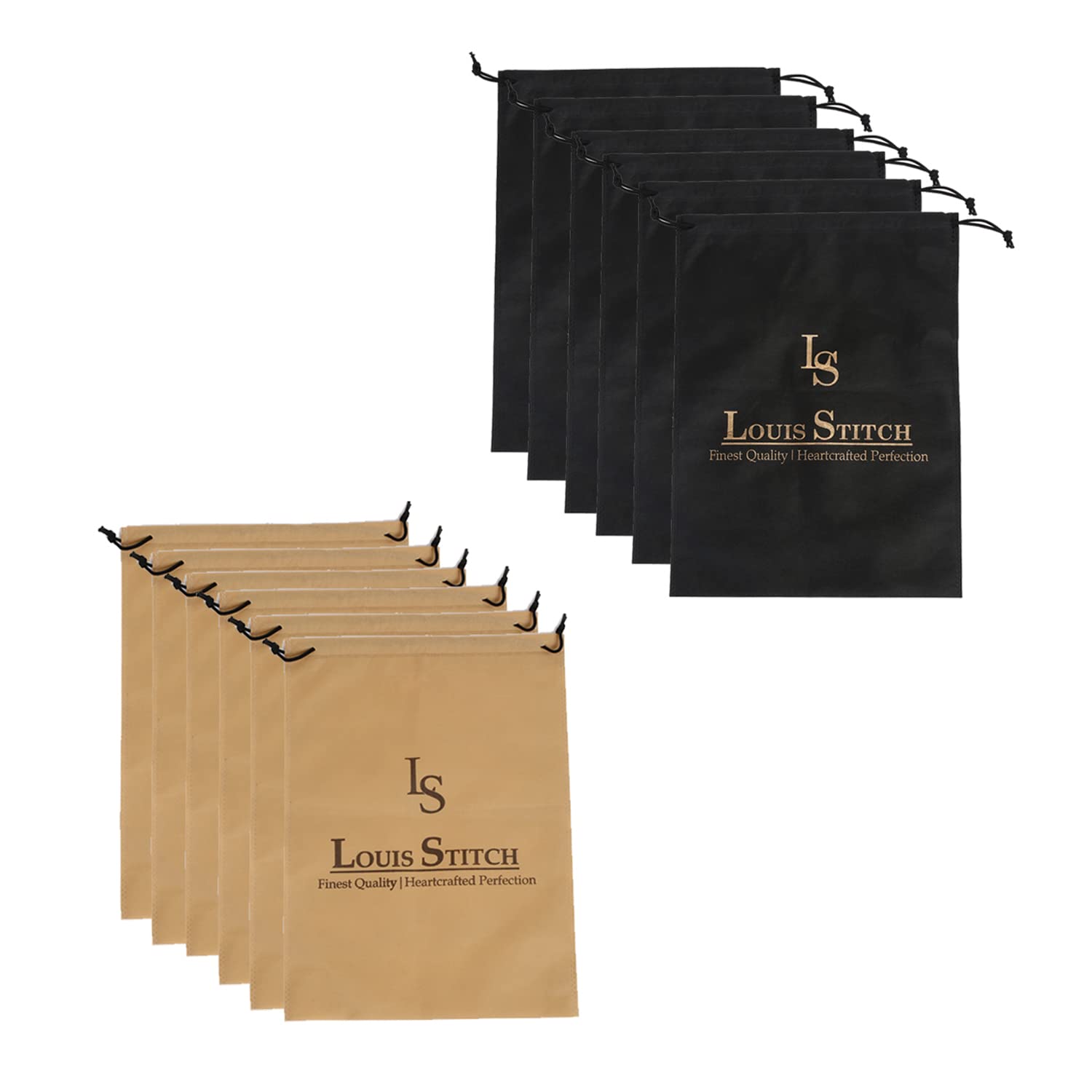 LOUIS STITCH Non-Woven Shoe Bag Travel Accessories Shoes Storage Cover Waterproof String Bag's Organizer Combo for Men Women Unisex (Pack of 12) (Black & Beige Plain)