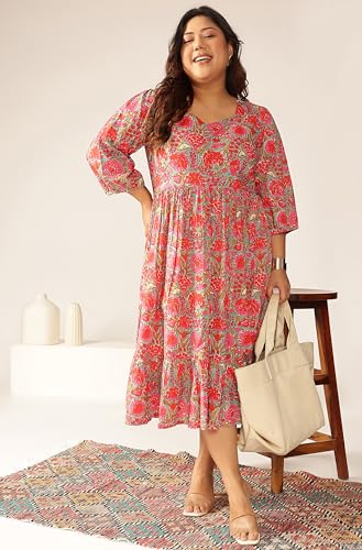 Image of Janasya Women's Plus Size Pure Cotton Floral Printed Flared Dress