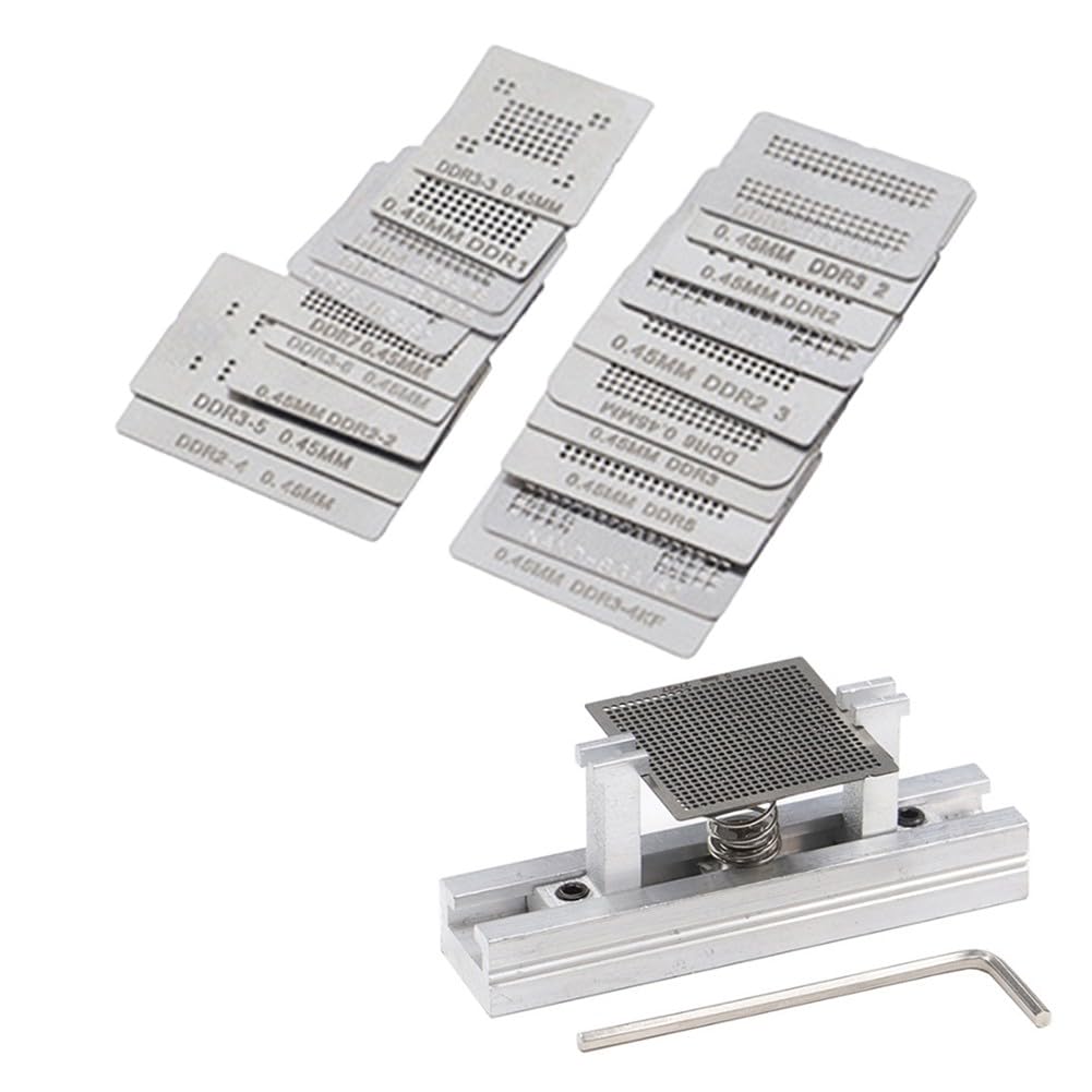 BGA Memory Reballing Stencil Kit – 14-Piece Stainless Steel Mesh Set With Direct Heating Bracket, For DDR1-DDR7 & NAND Chip Repair (Also Available In 12/20-Piece)