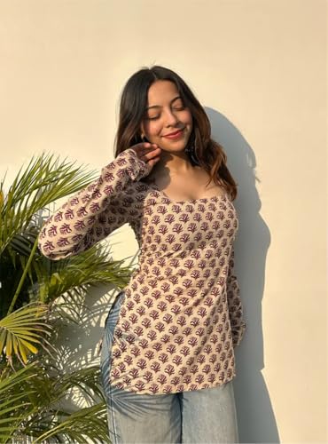 Image of ANNI Designer Short Kurti for Women Printed Design | Square Neck Full Sleeve Kurti Tops for Women | Stylish Kurtis & Short Kurtis for Woman | Casual Kurti with Jeans | Kurtas for Woman
