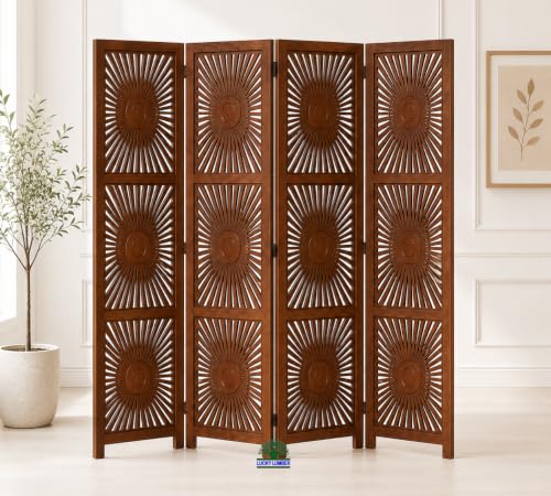 Image of Wooden Room Divider Partition for Living Room | Foldable 4 Panel Decorative Privacy Screen Separator for Home, Office & Bedroom | Modern (Sun Brown)