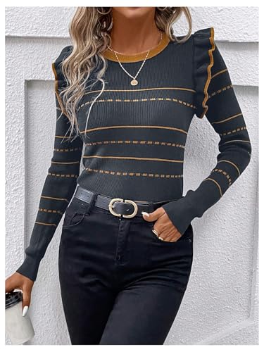Image of Floerns Women's Striped Print Ruffle Trim Crewneck Long Sleeve Pullover Sweater Dark Blue X-Large