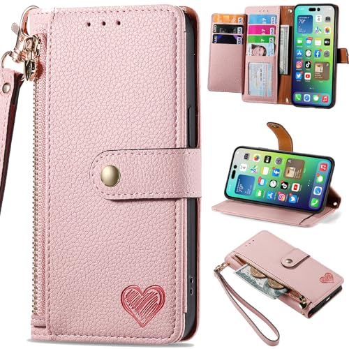 kaijir Wallet Case for Huawei Nova Y73, RFID Blocking, Card Slots Holder, Kickstand, Magnetic Clasp Cover, Zipper Cases for Huawei Nova Y73 with Strap-Pink