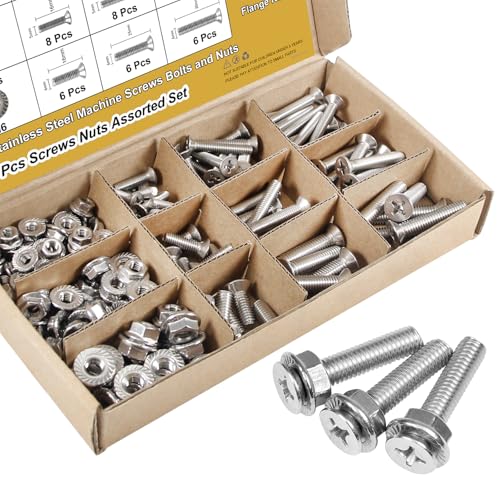 M4/M5/M6 Cross Countersunk Bolt Nut Set Phillips Head 304 Stainless Steel Bolts and Flange Nuts, 156 Pcs Flat Head Screws Nuts Bolts Assortment Kit Right Hand