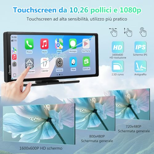CARPURIDE V92 - Stereo portatile per auto, wireless Carplay e Android Auto, radio touch screen HD da 10,26 pollici 1080p con BT 5.0, supporto Mirror Link per camion e camper