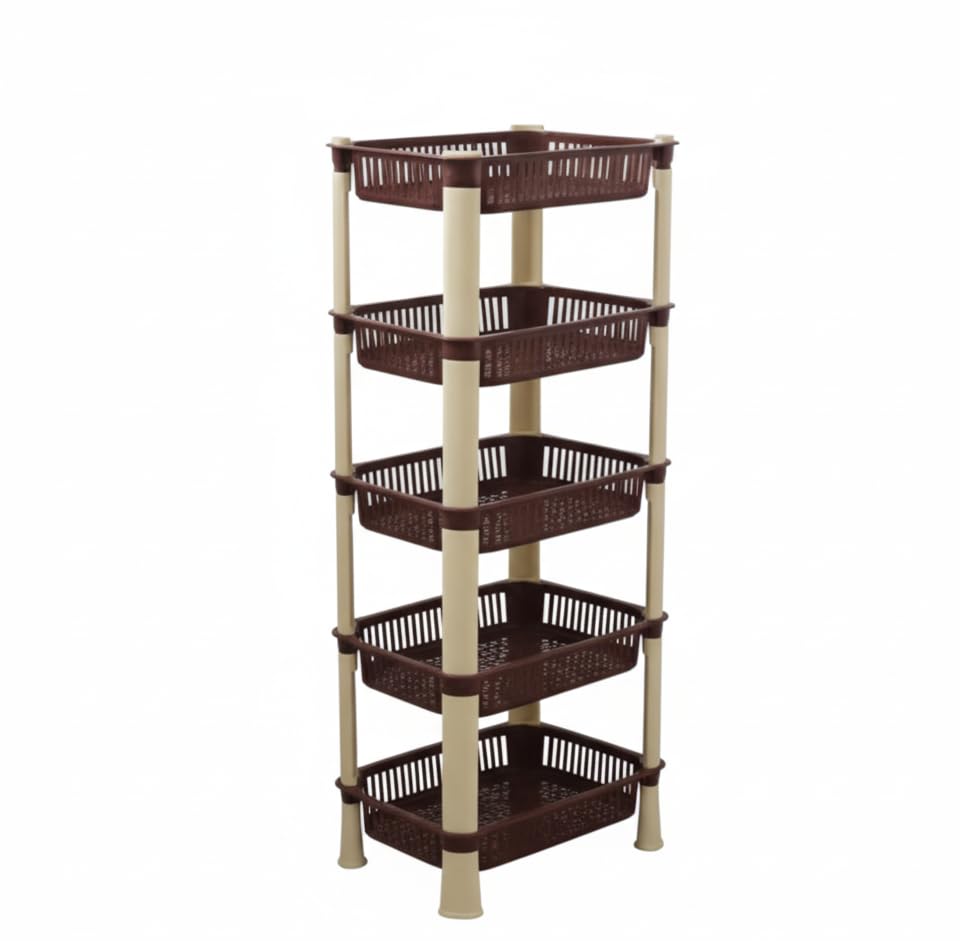 Image of U-Max Multi Tire Kitchen Storage Rack, Plastic Utility Shelf Organiser, Space Saving Storage Solution, Revolving Vegetable Rack (Brown-Regular, 5)
