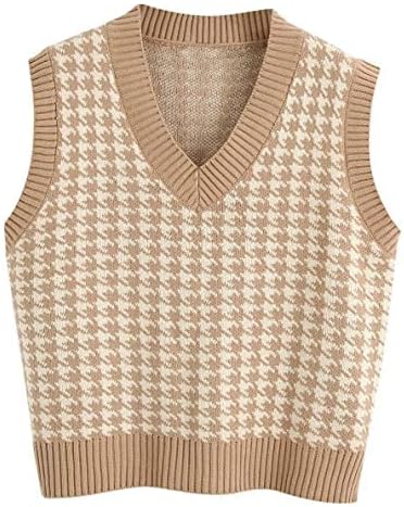 Sdencin Women Houndstooth Pattern Knit Sweater Vest Sleeveless Loose V-Neck 90s Waistcoat Pullover Knitwear Top Khaki