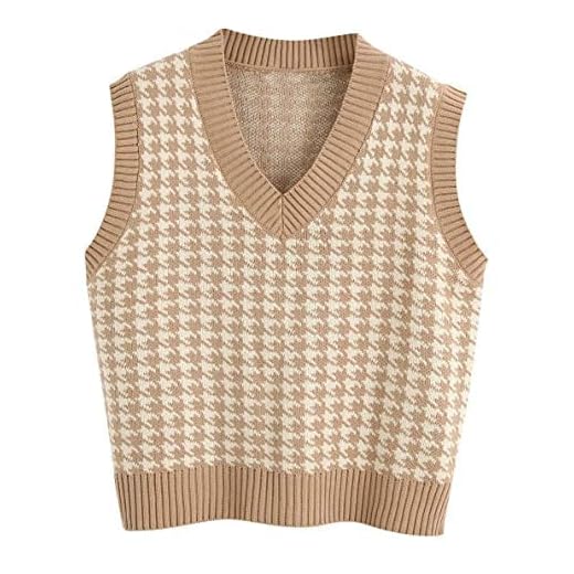 Sdencin Women Houndstooth Pattern Knit Sweater Vest Sleeveless Loose V-Neck 90s Waistcoat Pullover Knitwear Top Khaki