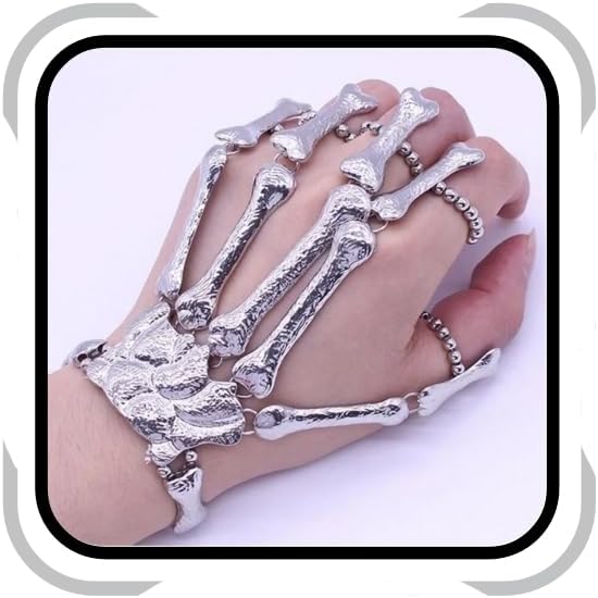 Cathercing Halloween Wristband Skull Fingers Metal Skeleton Hand Bracelet with Ring for Women and Men on Party(silver)