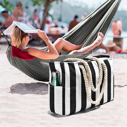 Image of Becokan Women's Pool Swim Bag - Waterproof Sandproof Large Stripe Beach Tote with Zipper
