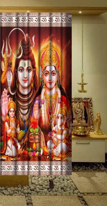 Image of 3D Digital Printed Heavy Fabric Lord Shiva Parwati God Design Curtains for Pooja Room, Temple, Home, 4x9 feet, Set of 1 Pc