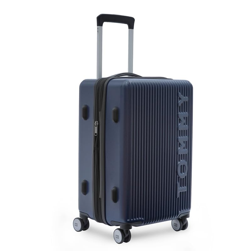 Image of Tommy Hilfiger Polycarbonate Double 8 Spinner Wheels Hard Shell Luggage Trolley, Navy Blue, Empire Plus, 35L | Big Suitcase for Travel, Travelling Luggage, Small, 57 Cm
