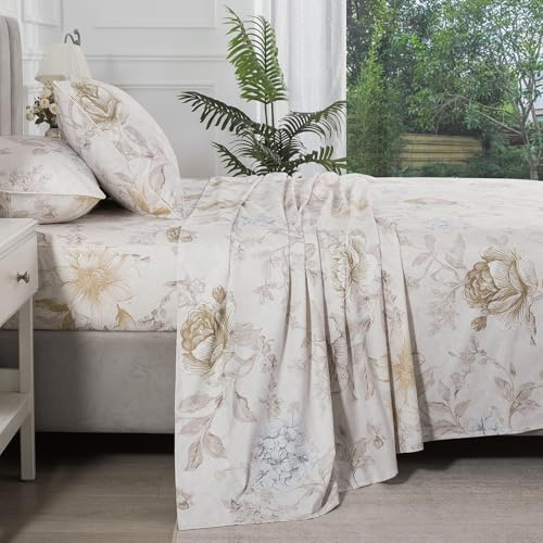 Image of 100% Cotton Percale Beige Floral King Size Sheets Set, Deep Pocket | Soft Crisp Vintage Farmhouse Flower Print Bed Sheets, Neutral Toile Bedding, Shabby Chic, Cottagecore, Botanical Garden, 4Pcs