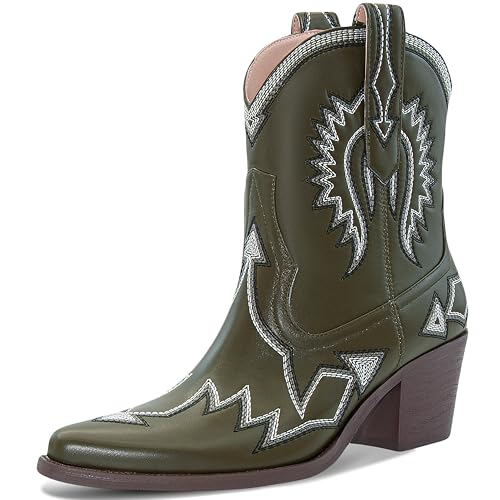 Image of HOCHFART Women's Western Ankle Cowboy Boots Chunky Pointed Toe Wide Calf | Metallic PU-Leather, Embroidered, Pull-On, Concert, Festival, Rodeos, Party, Daily Wear, All-Day Comfort