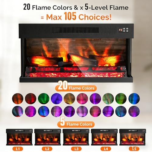 ROVSUN 36 Inch 3-Sided Glass Electric Fireplace Insert, Electric Fireplace Heater with Remote Control, Wall Mounted and Recessed Fireplace with 8H Timer, 20 Flame Color for Indoor Use, Office, Bedroom - Thumbnail 2