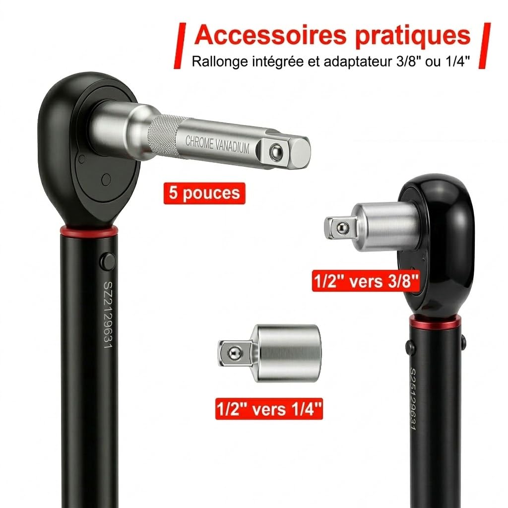 Coffret Clé Dynamométrique 1/2" Professionnelle, 13,5-217 Nm (10-160 ft-lb) avec Douilles 17/19/21mm, Rallonge et Adaptateurs (1/4", 3/8"), Clé à Cliquet de Haute Précision pour Auto, Moto et Atelier