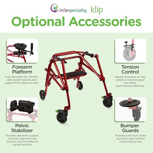 Klip- Lightweight Posterior Rollator Walker/Gait Trainer 4 Wheel - with Flip-Up Seat for Toddlers, Kids, Teens with Special Needs/Cerebral Palsy-Front Swivel Wheels, Height Adjustable, Foldable