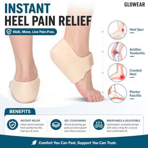 Image of Glowear Silicone Gel Heel Cups & Heel Pads for Heel Pain Relief | Plantar Fasciitis, Heel Protector for Men & Women | Breathable Cushion Support | Washable & Reusable | Beige, Small